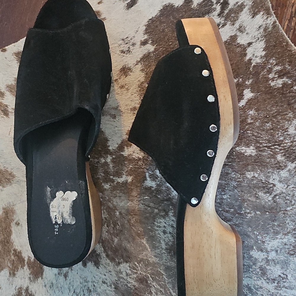 Rag & Bone Black Suede Mules with Wooden Heel